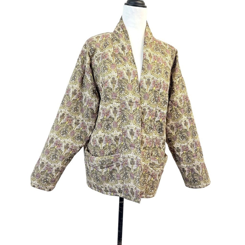 Lili & Lola Women Green Floral Quilted Kimono Jacket Size M Cotton Open Front